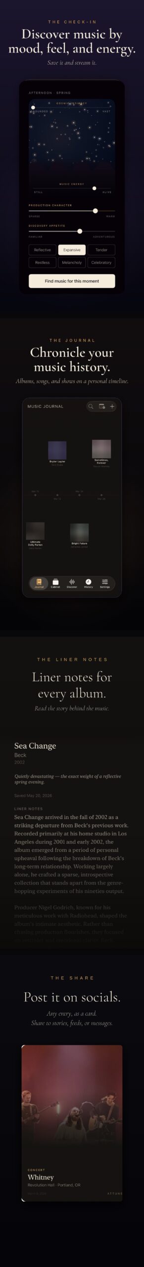 Attune app screens: discover music by feel, journal entries, music history, concert tracking, and shareable cards