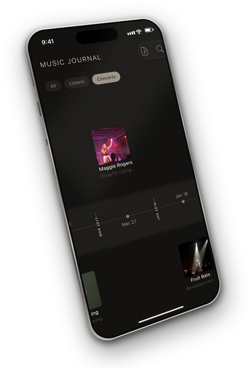 A timeline of concerts logged in Tweed, with photos and dates