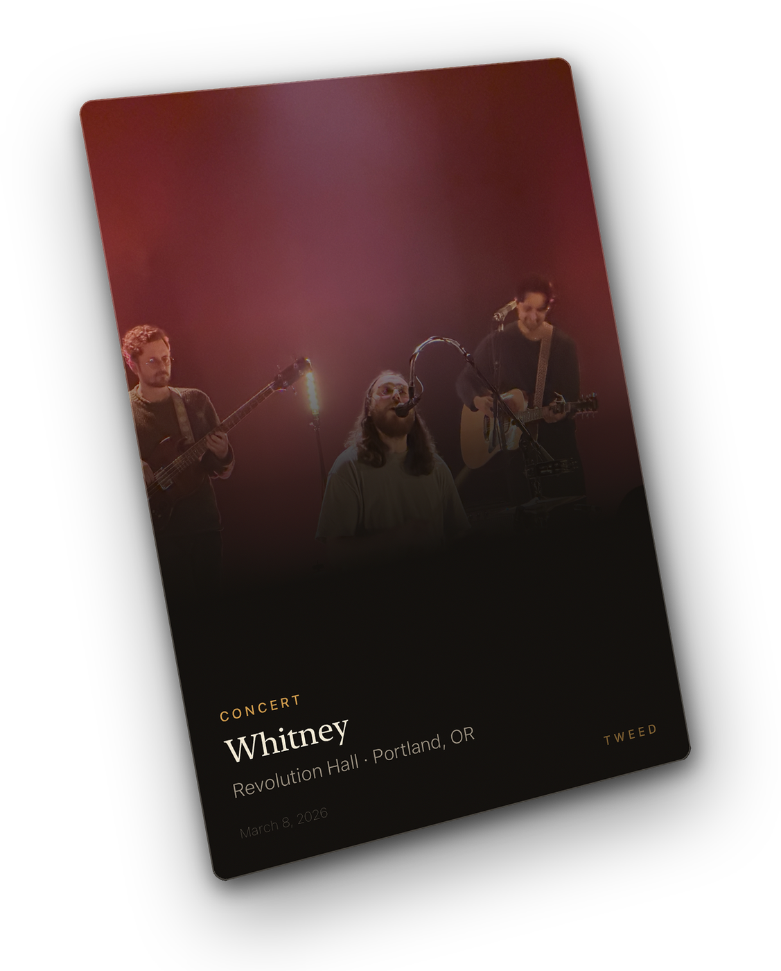 A shareable card for a concert logged in Tweed