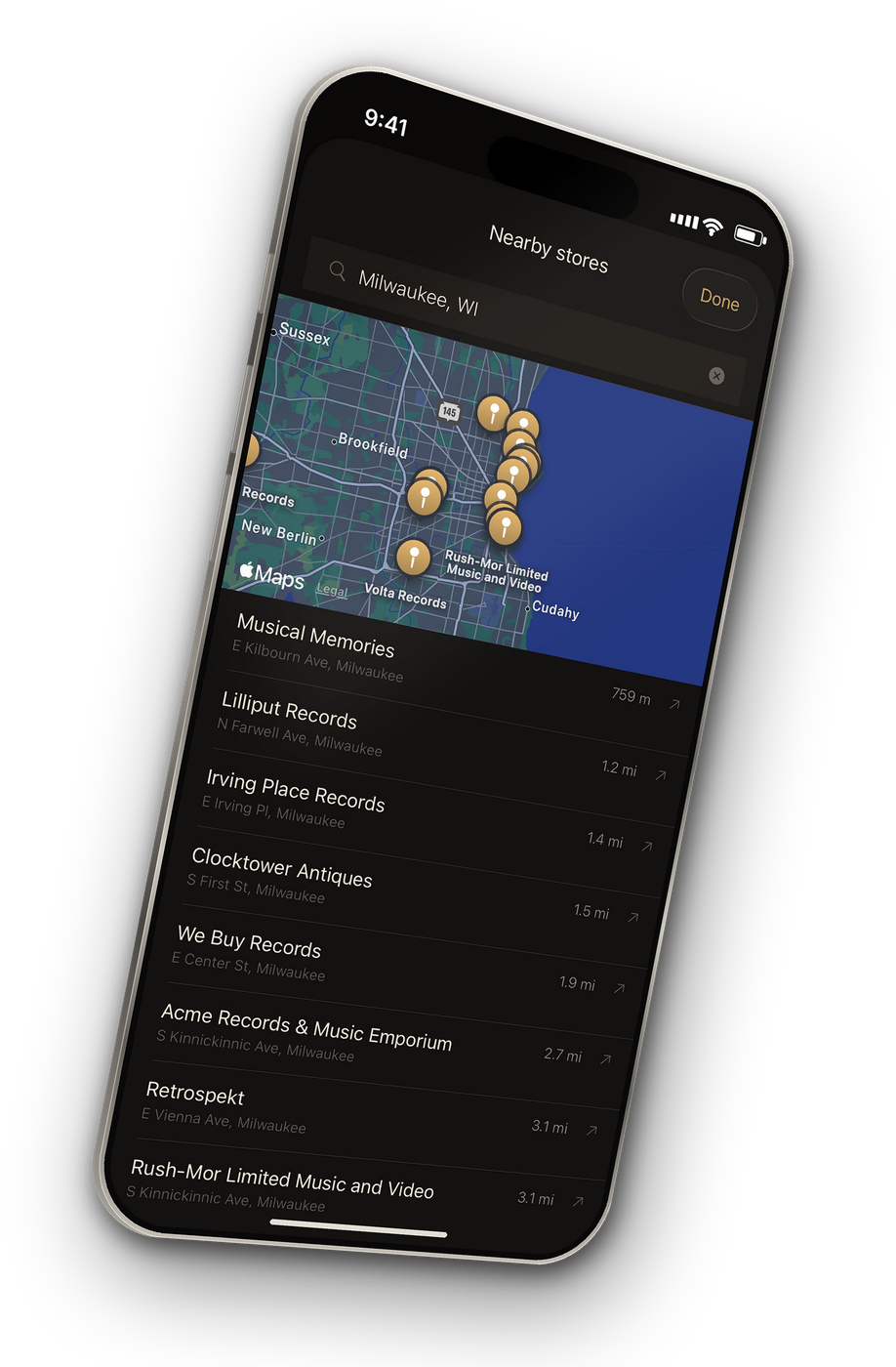 A map of nearby record shops with distances